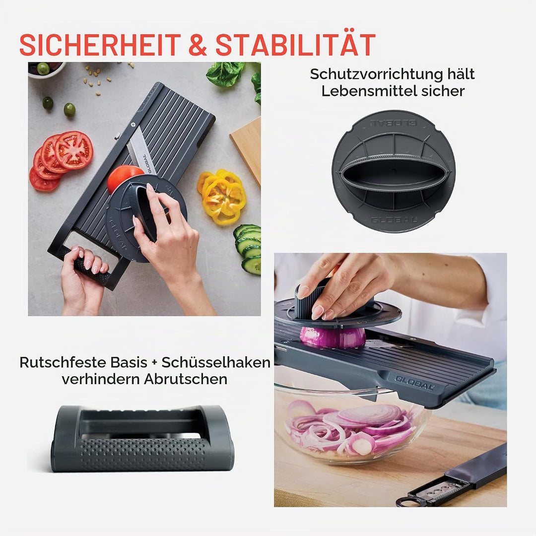GLOBAL Mandoline GSL-95/BC – Premium Gemüsehobel 95 mm | Mit 3 Julienne-Klingen &amp; Fingerschutz | Stu