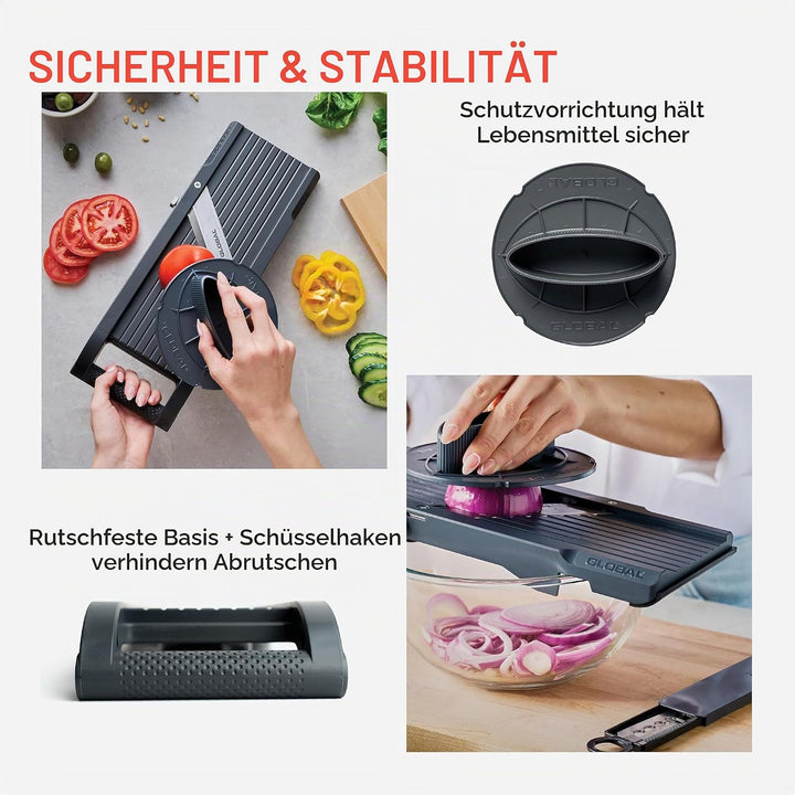 GLOBAL Mandoline GSL-95/BC – Premium Gemüsehobel 95 mm | Mit 3 Julienne-Klingen &amp; Fingerschutz | Stu