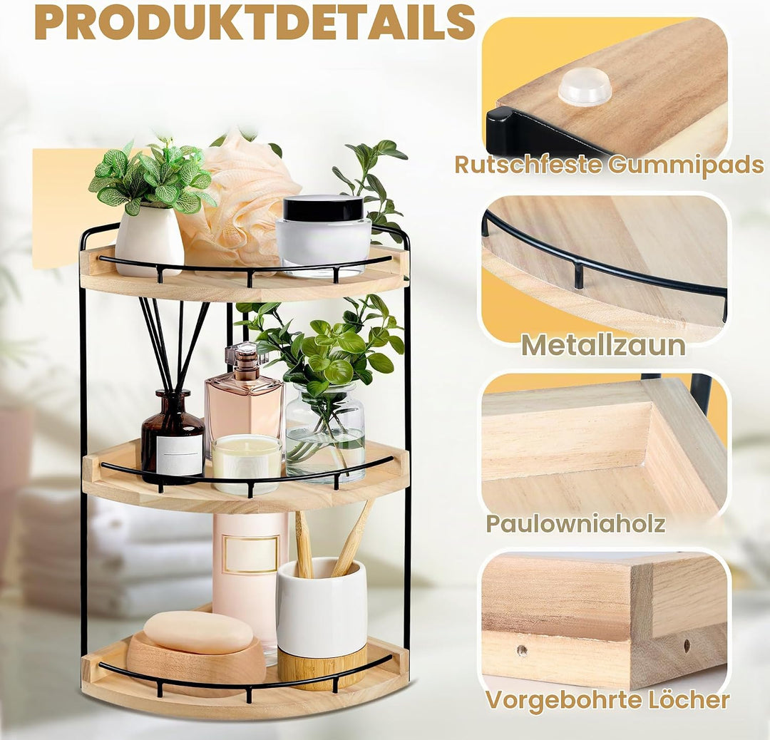 3 Ebenen Badezimmer Organizer, Eckregal Badezimmer Regal aus Holz mit Metallgestell, Arbeitsplatten-
