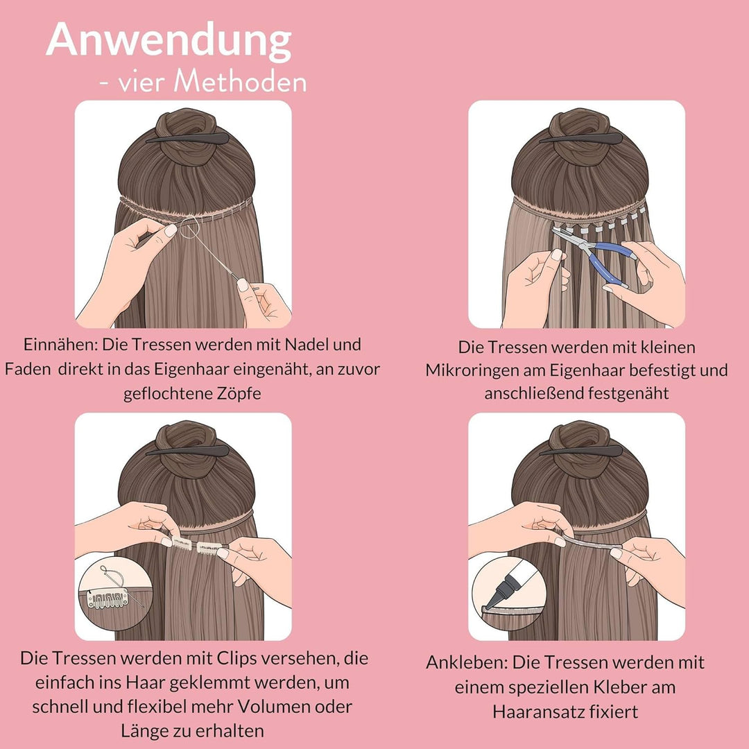 hair2heart Echthaar Tressen zum Einnähen Extensions Gewellt - 50cm 100g 2/0 schwarz #1 Schwarz 50cm,