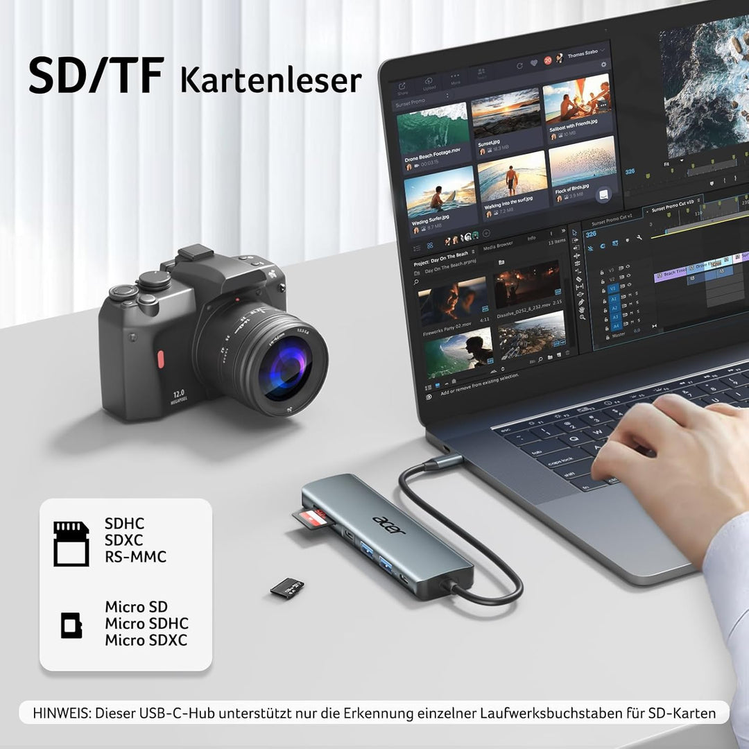 acer USB C Hub, 7IN1 USB-C auf 4K HDMI, 2xUSB 3.0, 1x Typ C 5Gbps, 100W PD, SD/TF Katenleser, Alumin