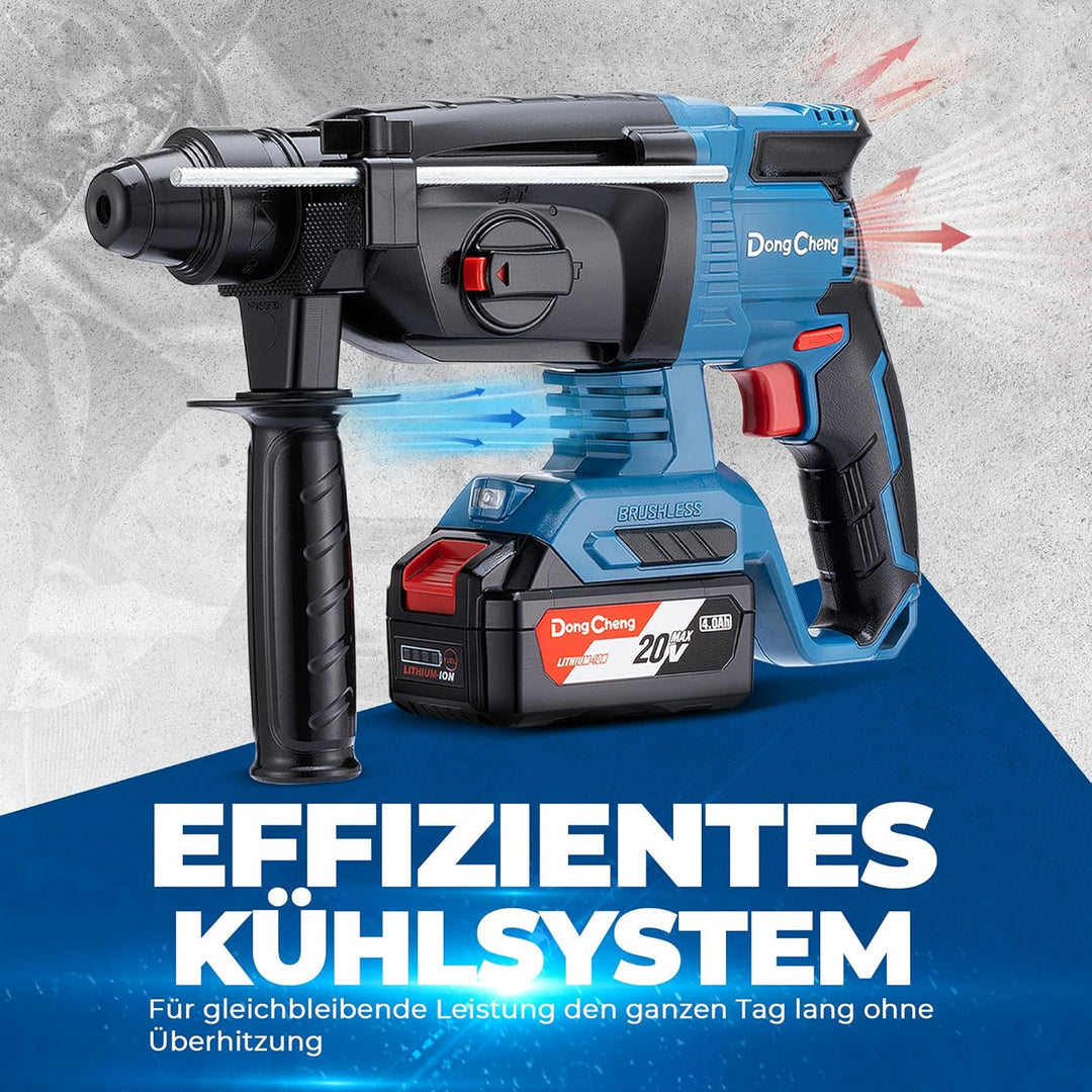 DongCheng Akku Bohrhammer 18V, Schlagenergie 2.7 J, mit 4 Stück SDS-plus, Bohren bis 28 mm, Bürstenl