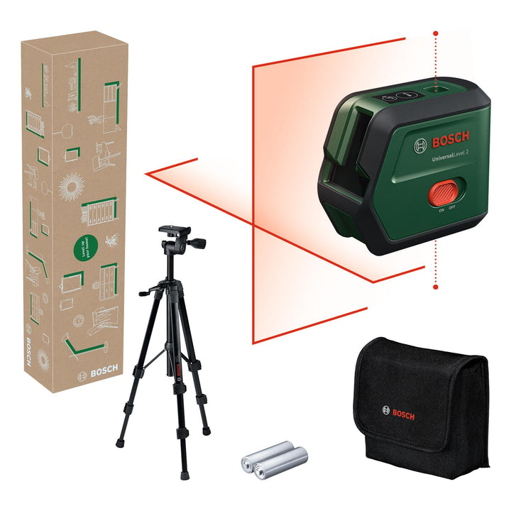 Bosch Kreuzlinienlaser UniversalLevel 2 mit Stativ (Laserkreuz inkl. integrierter Lotpunkte für präz