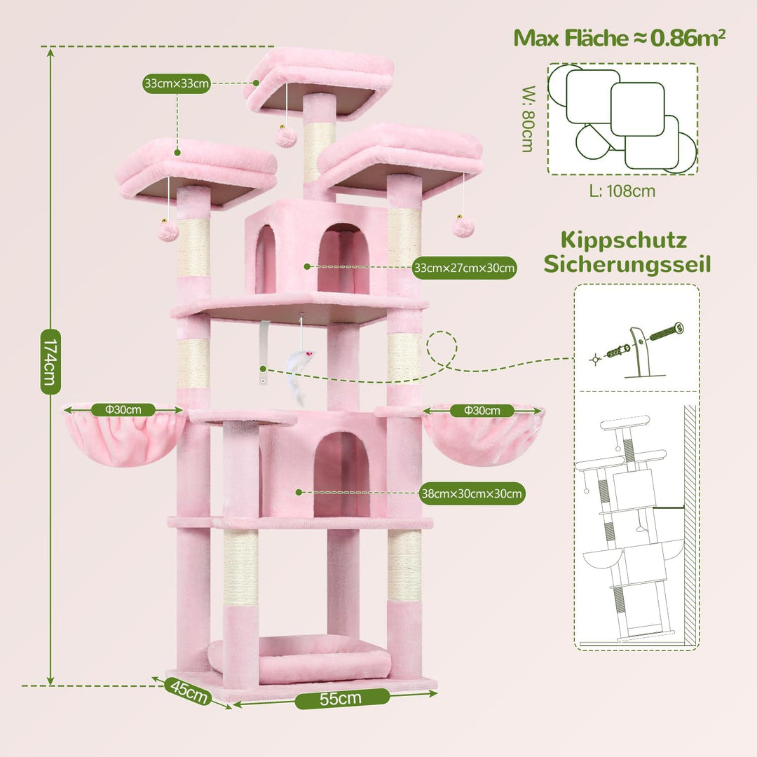 Globlazer Kratzbaum Rosa Stabil 174 cm mit 3 Gepolsterte Sitzstangen, 2 Katzenhaus, 2 Korb, Abnehmba