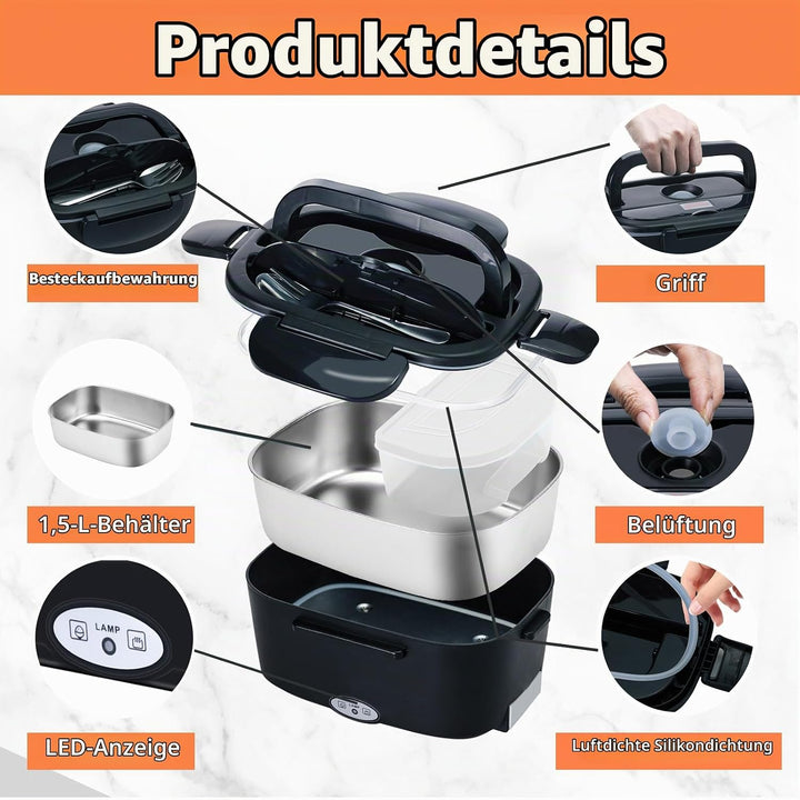 Elektrische Lunchbox 4 in 1 12V/24V/220V~240V, 1.5L 60W Lunch Box Elektrisch Edelstahl Speisenwärmer