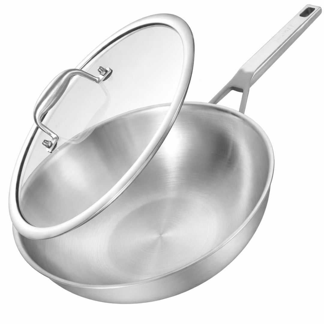 Inqibee Edelstahlpfanne 32cm Bratpfanne mit Deckel, Unbeschichtete Wok Pfanne für Induktion &amp; Gasher