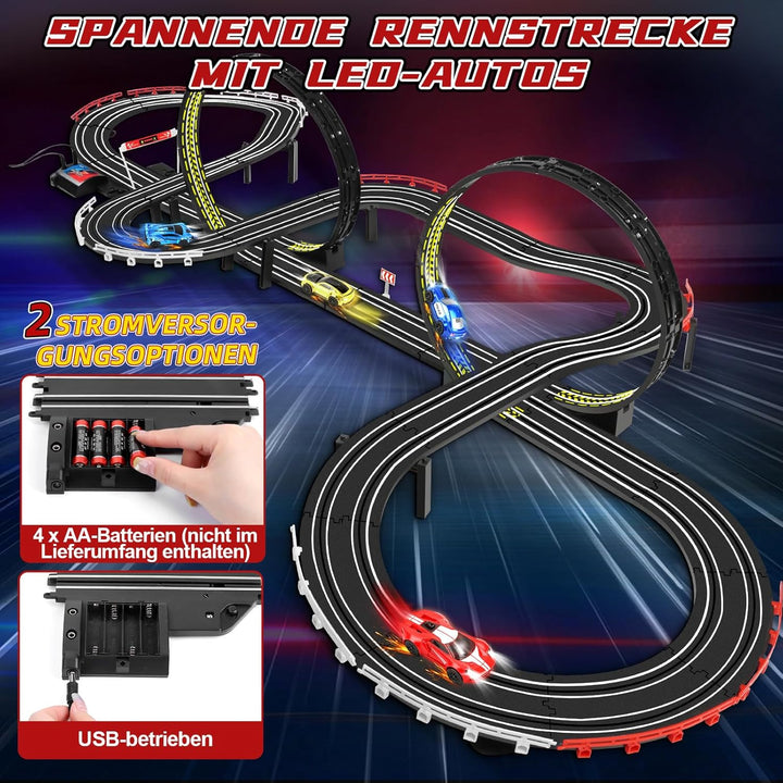 Autorennbahn Rennbahn Kinder, 1:64 Autobahn Duale Elektrische Rennstrecke - 4 LED Autos, Rundenzähle