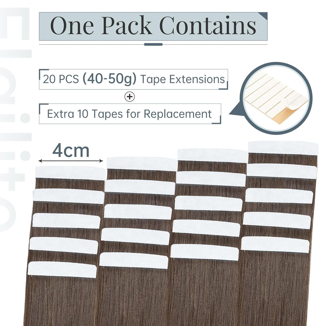 Elailite Echthaar Extensions Tape in 20 Stück Kleberband #2A Leberbraun, 40cm Haarverlängerungen Uns