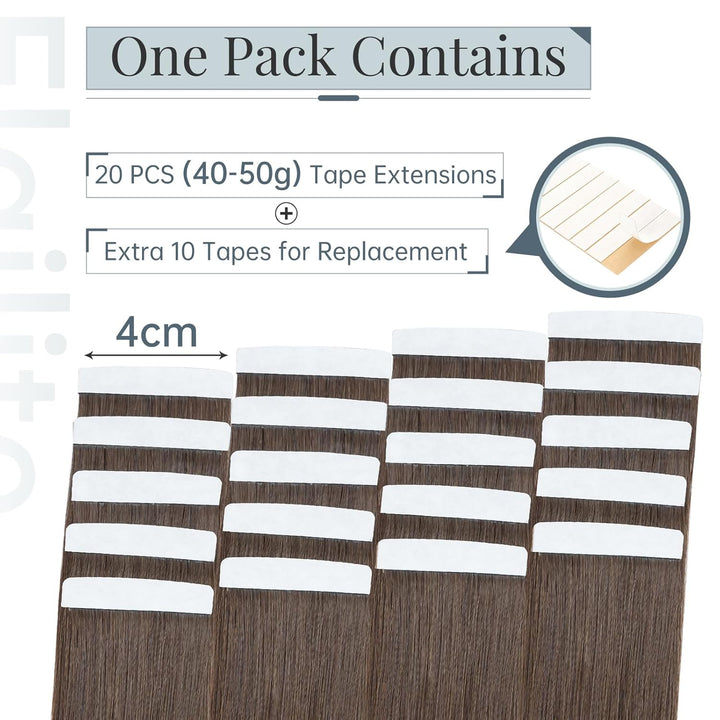 Elailite Echthaar Extensions Tape in 20 Stück Kleberband #2A Leberbraun, 40cm Haarverlängerungen Uns