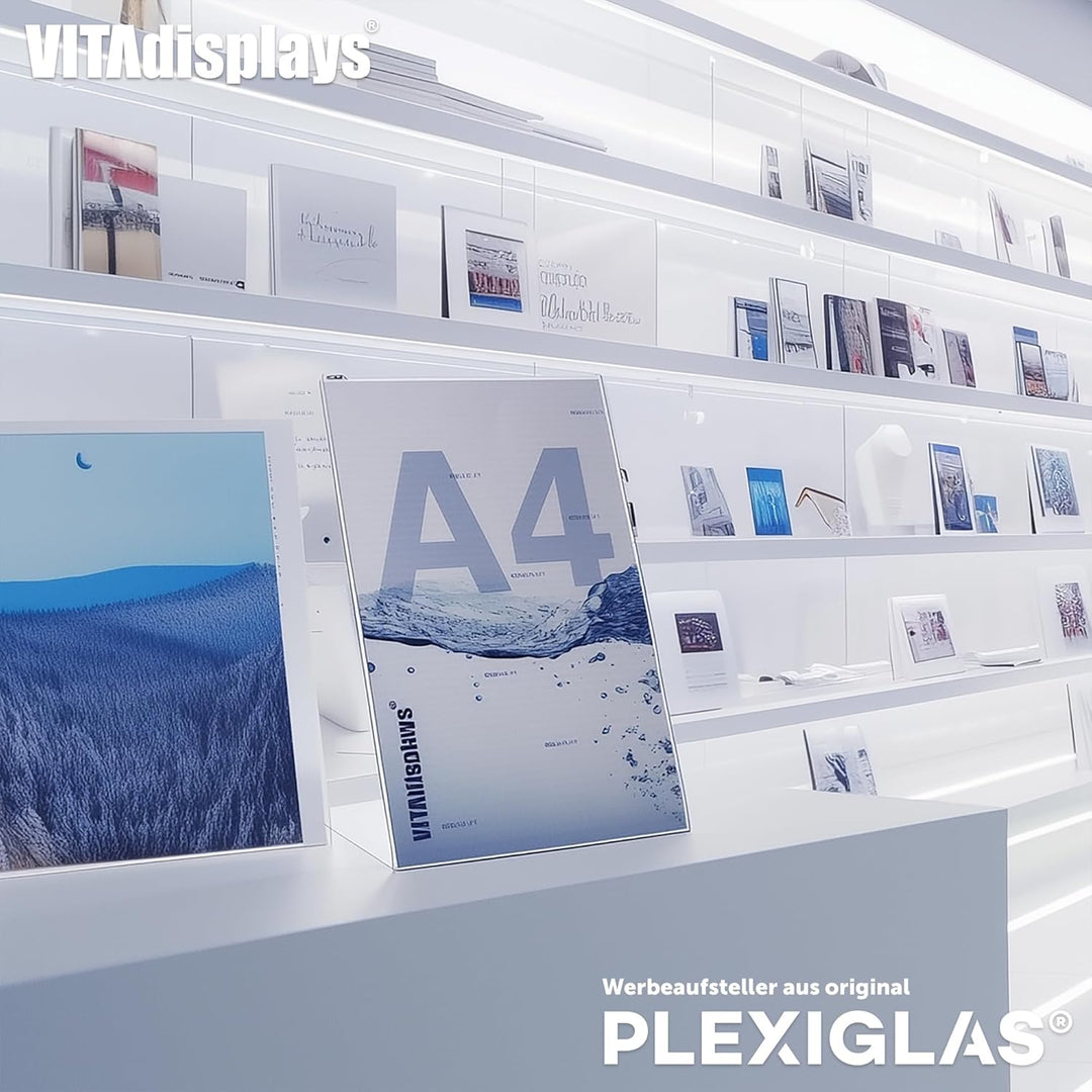 DIN A4 Tischaufsteller, Werbeaufsteller, glasklarer L-Ständer, L-Aufsteller im Hochformat, transpare