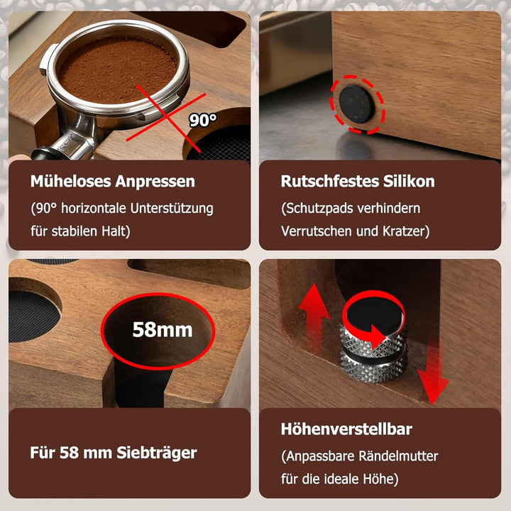 Tamperstation 58mm für Siebträger, Walnussholz Espresso Tamping Station, Tamper Station Barista Kaff