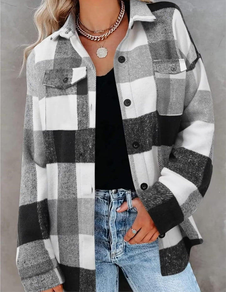 Zeagoo Damen Hemdjacke Karierte Flanellhemd Langarm Loose Shacket Flanell Bluse Jacke mit Knöpfen Üb