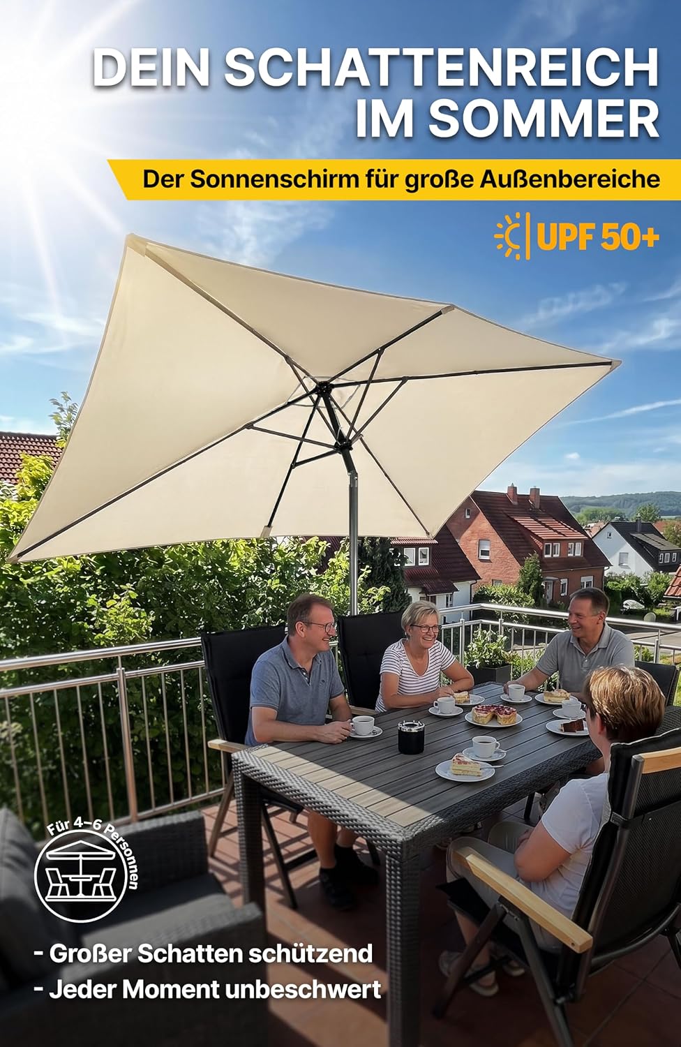 4smile Sonnenschirm Balkon mit Kurbel, Sonnenschirm rechteckig 300x200 cm | UV 50+ Sonnenschutz Balk