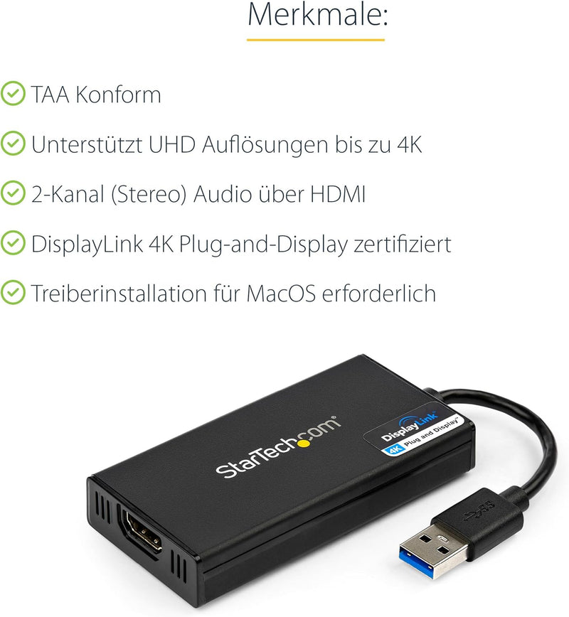 StarTech.com USB 3.0 auf HDMI Adapter - 4K 30Hz Ultra HD - DisplayLink zertifiziert - USB-A auf HDMI