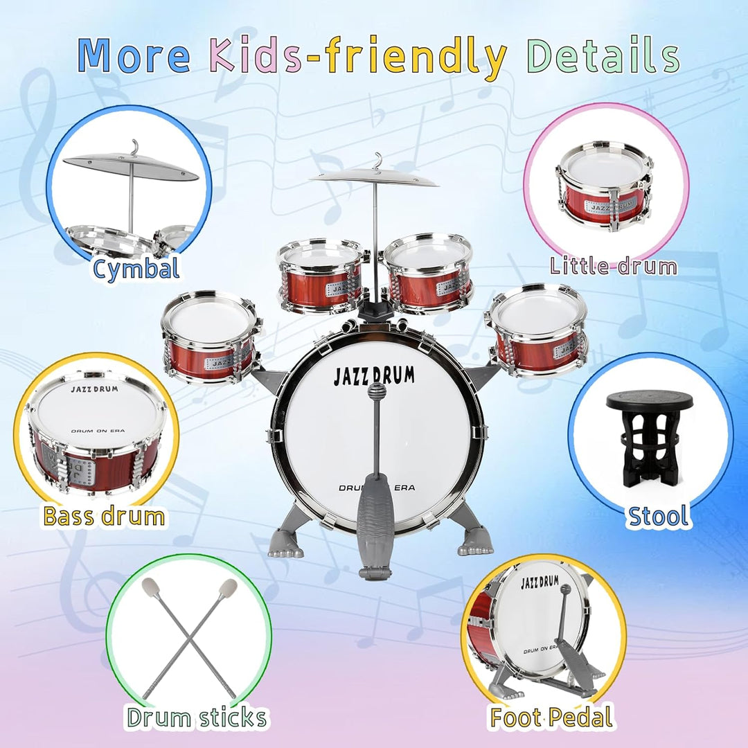 m zimoon Kinder Schlagzeug Schlagwerk Drumset, Jazztrommel Kleinkind Spielzeug 5 Trommeln mit Hocker