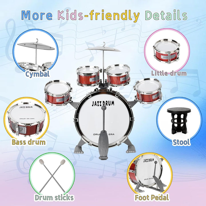 m zimoon Kinder Schlagzeug Schlagwerk Drumset, Jazztrommel Kleinkind Spielzeug 5 Trommeln mit Hocker