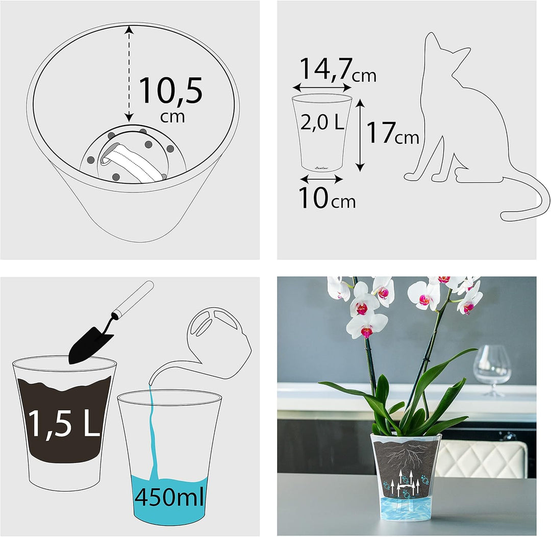 Santino 4er-Set Orchideentopf transparent mit selbstbewässerndem Dochtsystem - D 15 cm - Transparent