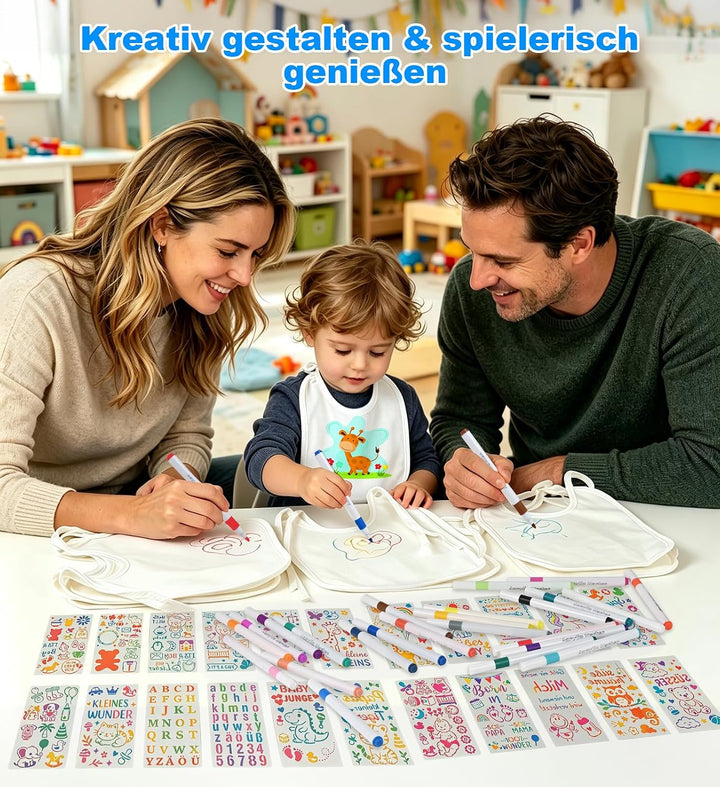 Faburo 14 Stück Lätzchen zum Bemalen, Babyparty Spiele Set mit Baby Lätzchen (18 * 22cm)+22 Malen Sc