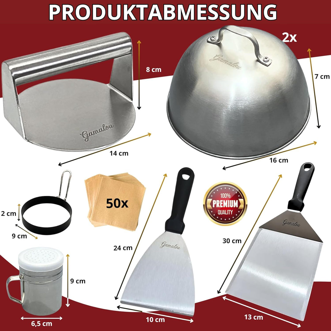 Smash Burgerpresse Edelstahl Set: Burger Smasher mit Grillspachtel 13 cm, Schaber 10 cm, 2 Burgerglo