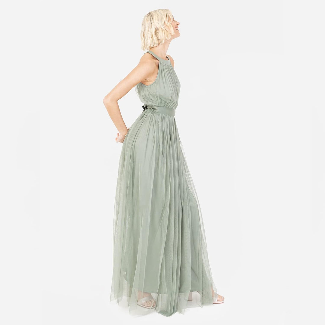 Ladies Maxi Dress for Women Halter Neck Long Sleeveless with Belt A Line Evening Gown Ball Prom Wedd