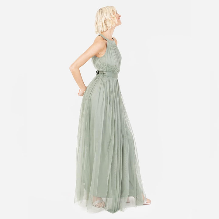 Ladies Maxi Dress for Women Halter Neck Long Sleeveless with Belt A Line Evening Gown Ball Prom Wedd