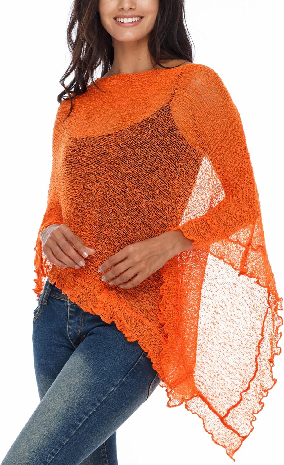 SHU-SHI - Damen Poncho-Top mit Rüschen - transparent - leichtes Strickmaterial Leuchtendes Orange, L