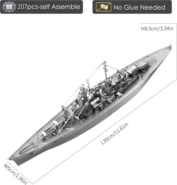 piececool 3D Puzzle Metall Bismarck-Schlachtschiff 3D Metall Puzzle Militärmodell 340 Edelstahl, Gan