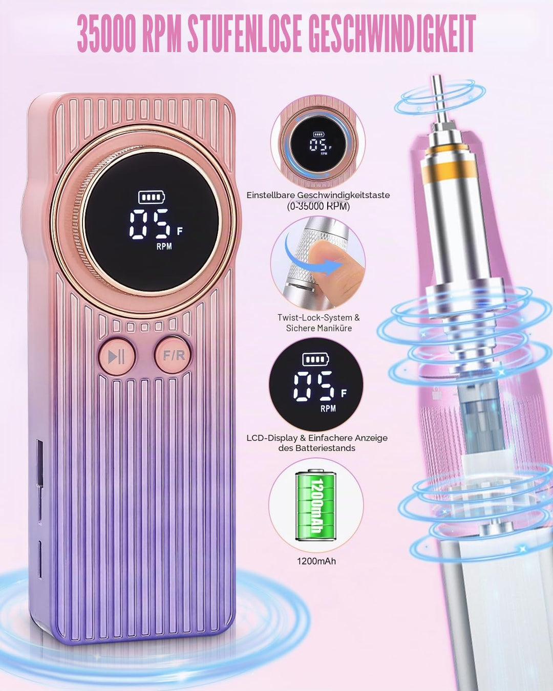 Elektrische Nagelfräser 35000 U/min,Electric Nail Drill Kit,Professionell Maniküre set, Tragbarer Na