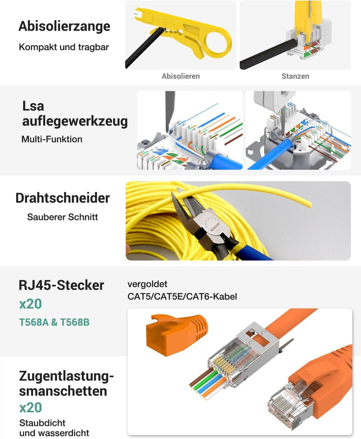 VCELINK Netzwerk Werkzeug Set, RJ45 Crimpzange mit 20 x RJ45 Stecker Cat7 Pass Through, Netzwerktest