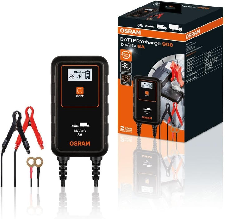 OSRAM BATTERYcharge 908, KFZ-Batteriewartungsgerät 12V & 24V, mobiles KFZ Batterieladegerät für PKW,