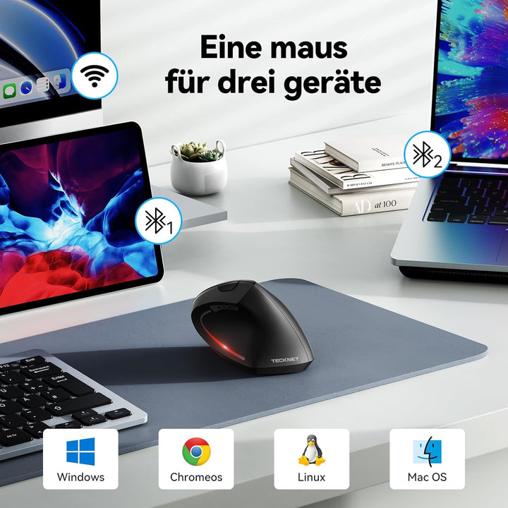 TECKNET Ergonomische Maus, Kabellose Bluetooth Vertikale Maus(BT 5.0+BT 3.0+2.4G), 6 Einstellstufen