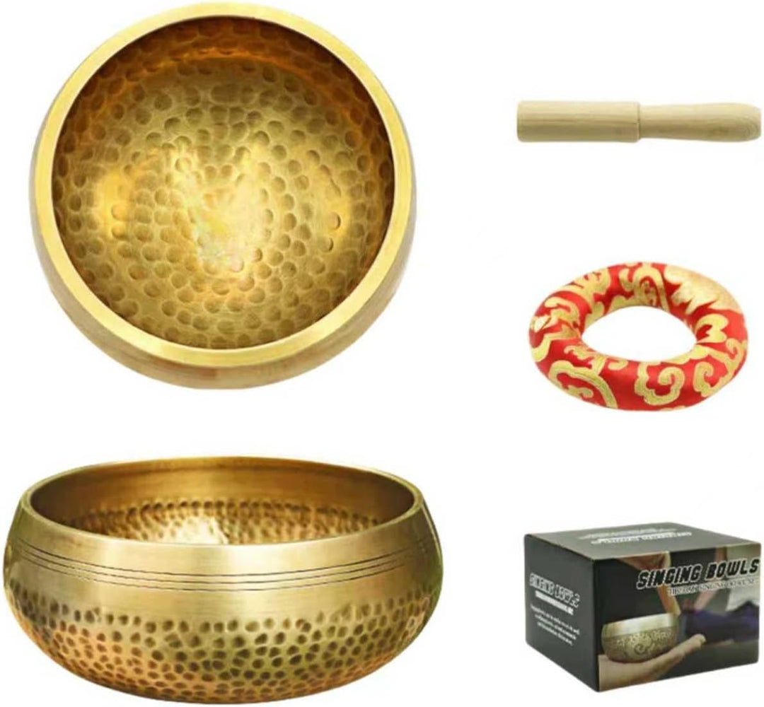 Tibetisches Klangschalen-Set Ø 8 & 12 cm mit Chilin-Muster Inkl. Holzklöppel & Schalenkissen | Handg