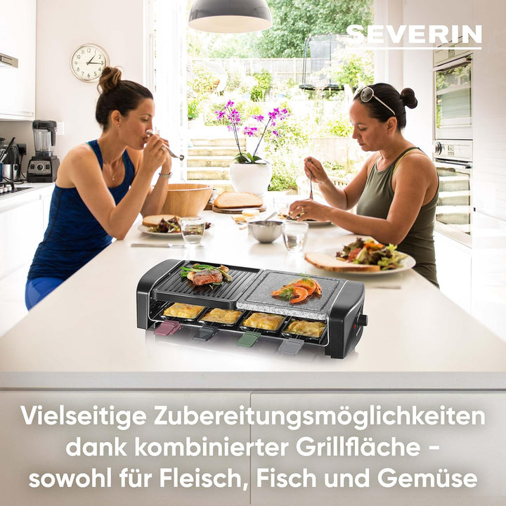 SEVERIN Raclette-Grill mit Naturgrillstein und Gussplatt, ca. 1.400 W, Inkl. 8 Pfännchen, RG