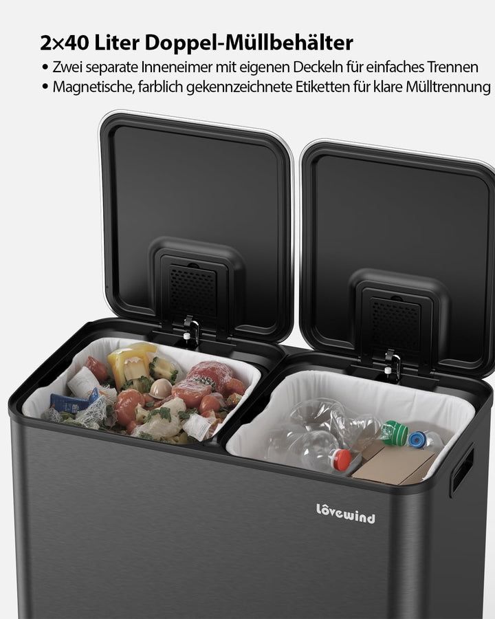 lovewind Mülleimer, 2 x 40L Mülleimer Küche, Doppeleimer für Recycling und Abfall, Schwarz, Mülleime