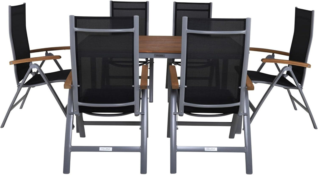 Villana Esstischgarnitur, Silber/schwarz, Alu/FSC-Akazienholz, Gartentisch 150x90cm, 6 Multiposition