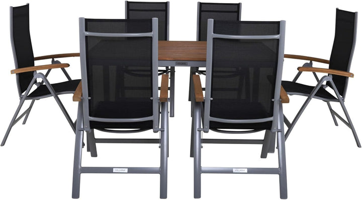 Villana Esstischgarnitur, Silber/schwarz, Alu/FSC-Akazienholz, Gartentisch 150x90cm, 6 Multiposition