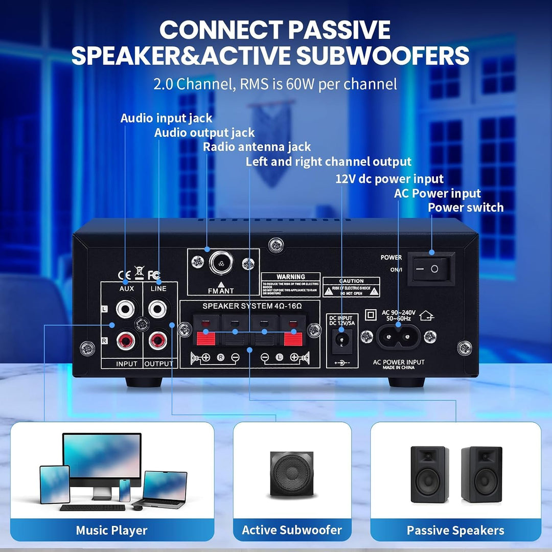 AK50 HiFi-Verstärker mit Bluetooth RMS 60WX2 Stereo Audio Verstärker Empfänger 2.0 Kanal Max 400W Au