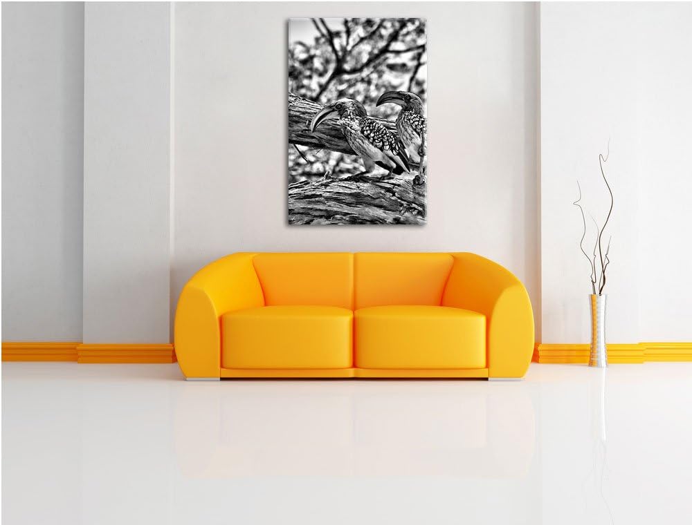 Pixxprint Zwei exotische Vögel auf Baum / 100x70cm Leinwandbild bespannt auf Holzrahmen/Wandbild Kun