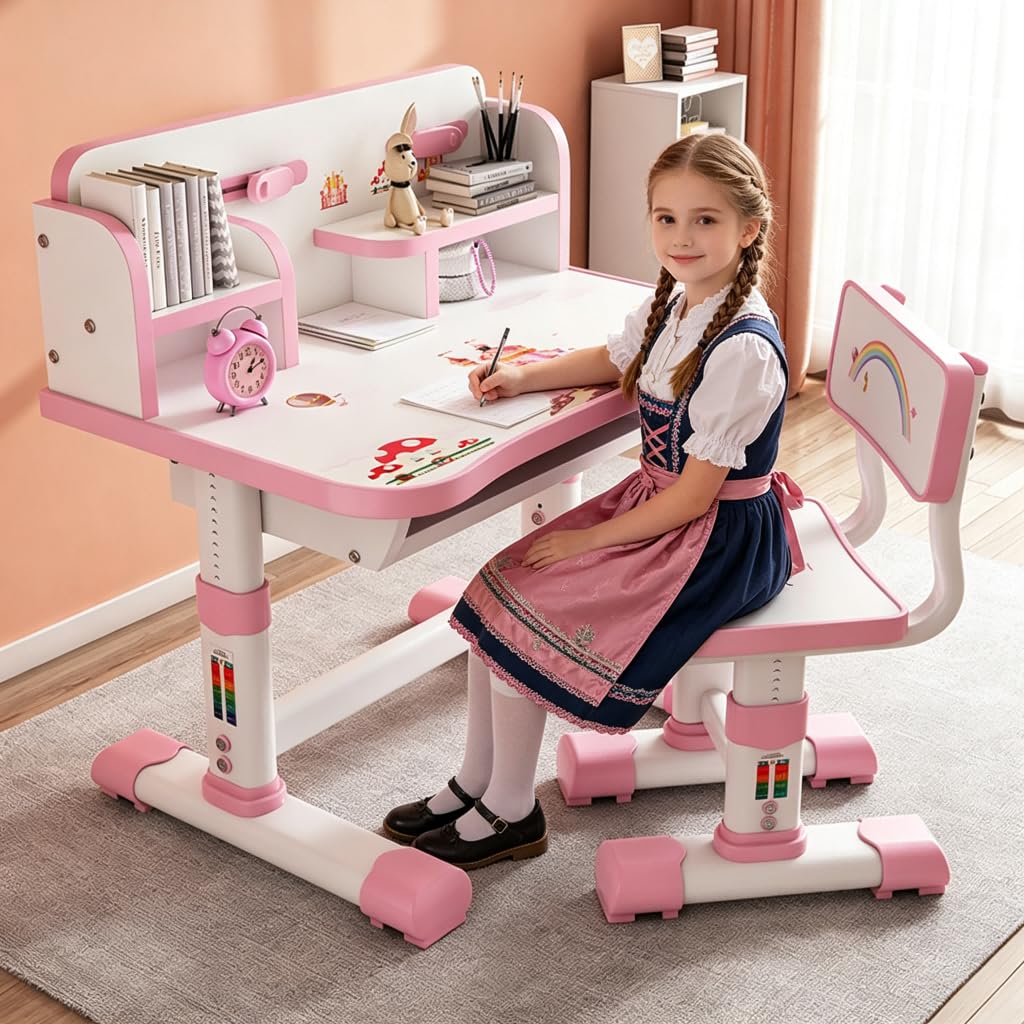 Kinderschreibtisch Set mit Bücherständer, Schüler-Schreibtisch und Stuhl, Kinderschule, Studiertisch