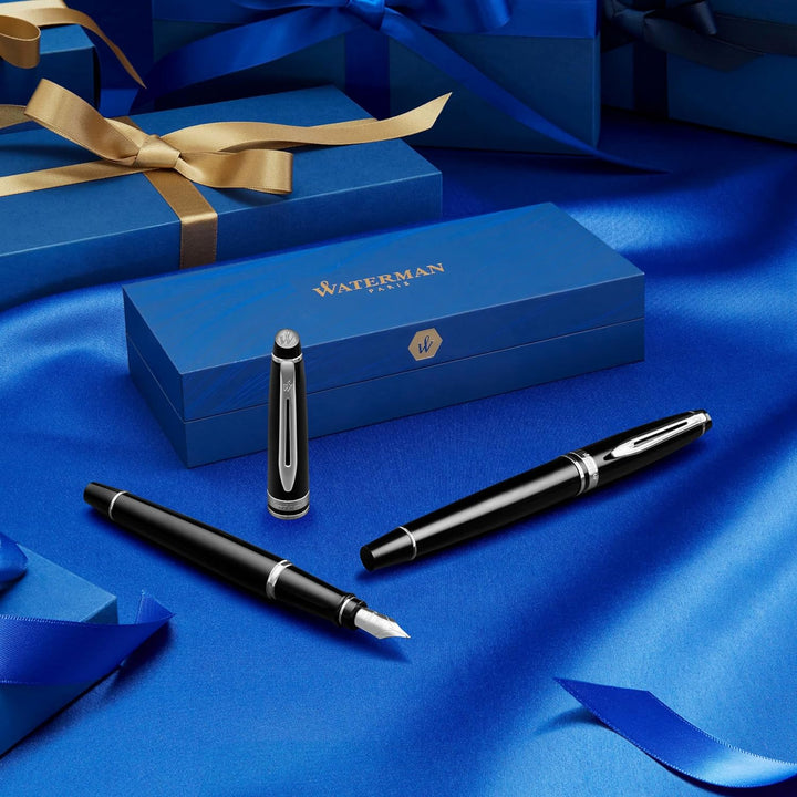 Waterman Expert Tintenroller | Edelstahl | Zierteile aus 23 K Gold| feine Spitze | Schwarz | Geschen