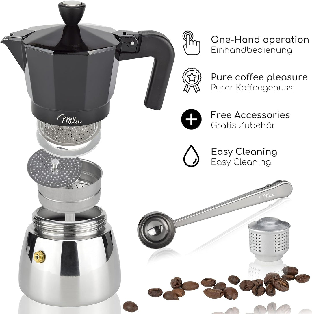 Milu Espressokocher Induktion geeignet | 3, 6, 9 Tassen | Aluminium Mokkakanne, Edelstahl Espressoka