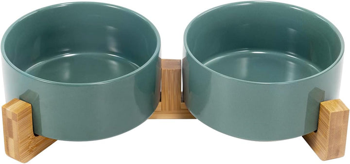 SPUNKYJUNKY Keramik Doppel Futternapf mit Bambus Ständer für Katzen und Hunde (850ml, Grün) Türkis D