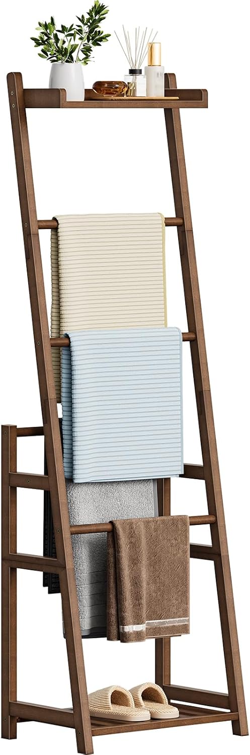 HOOBRO Bambus-Handtuchhalter, Handtuchständer mit 5 Stangen und 2 Ablagen | Handtuchleiter, Aufbewah