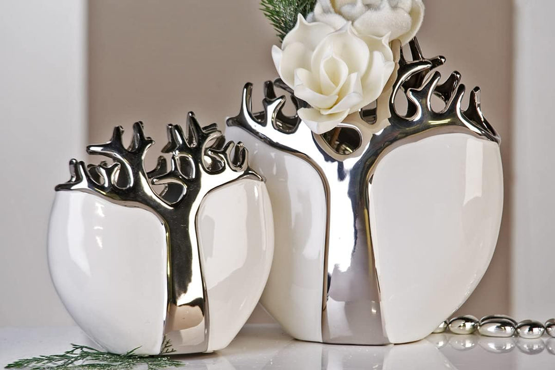 GILDE - Vase Tree - Keramik - weiss mit silbernem Baumdesign - Dekovase - Höhe 21 cm