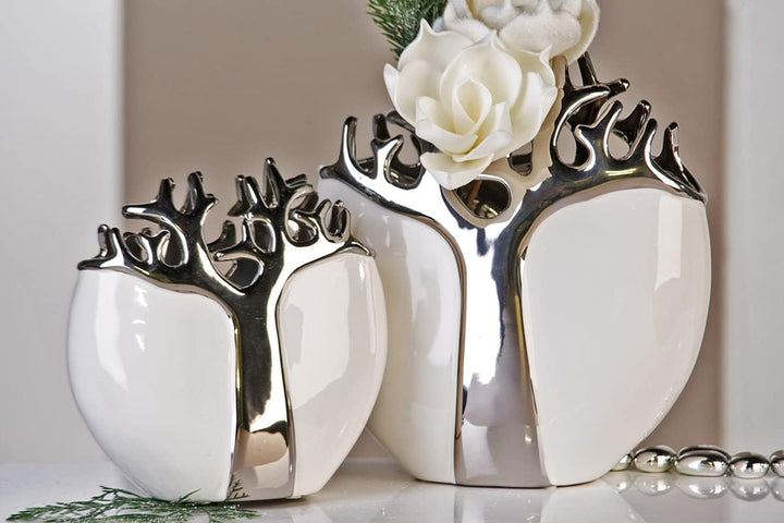 GILDE - Vase Tree - Keramik - weiss mit silbernem Baumdesign - Dekovase - Höhe 21 cm
