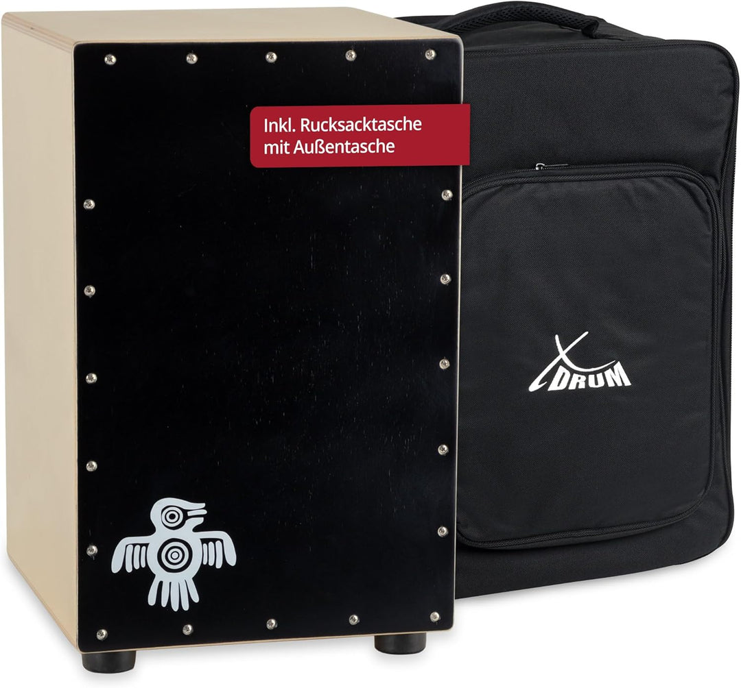 XDrum Cajon Peruana Black Wood (3 mm Schlagplatte, 9 mm Birkenkorpus, 48 cm hoch, inkl. Rucksack-Tas