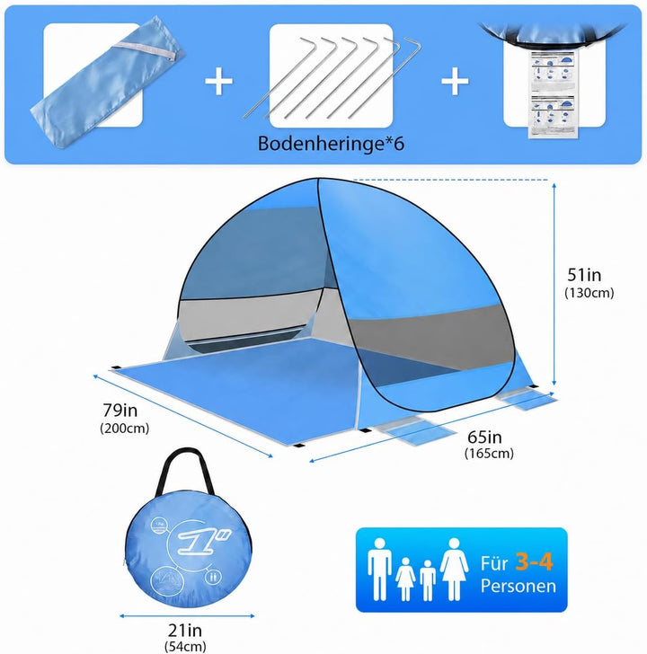Strandmuschel Pop Up,3–4 Personen,UPF 50+,tragbares Strandzelt | Automatisches Sonnenzelt mit Reissv