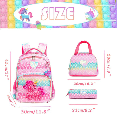 HTgroce Schulranzen Mädchen Set 3 Teilig Pop Push It Schultasche Mädchen 1. klasse einhorn rucksack