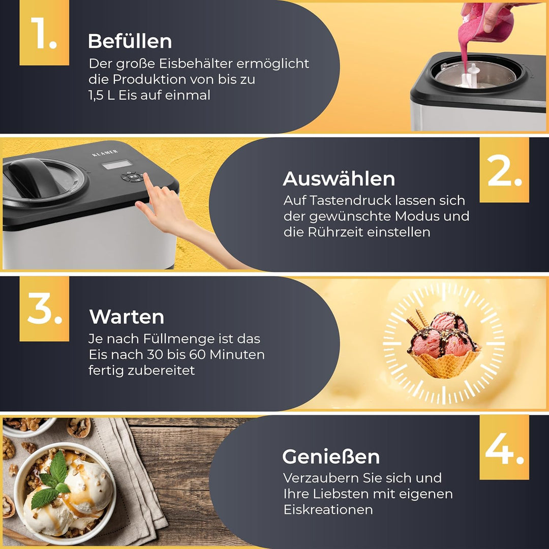 KLAMER Eismaschine 1,5L, 120 W Eiscrememaschine aus Edelstahl mit Kühlfunktion, hausgemachtes Speise