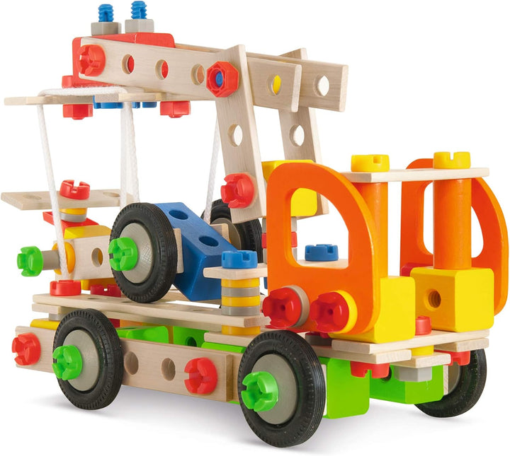 Eichhorn 100039094 Constructor Kranwagen vielseitiges Holzspielzeug, 170 Bauteile, 4 Verschiedene Ko